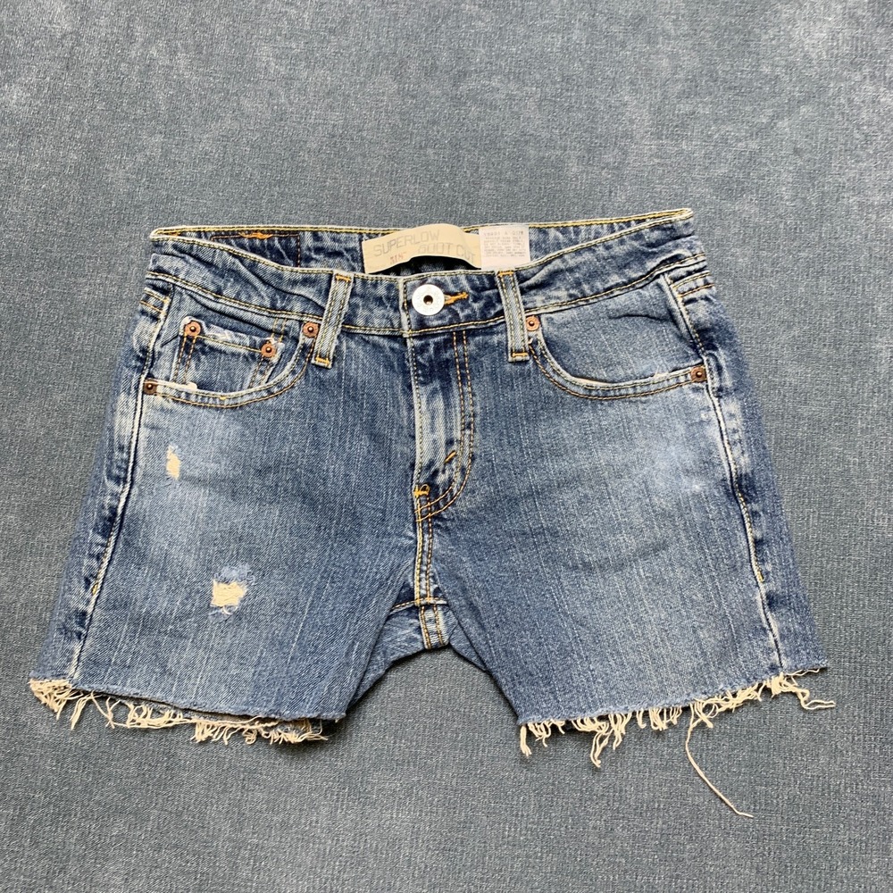 Levi's 518 Superlow Cut Off Shorts Womens 3M Blue Denim Distressed Frayed Hem